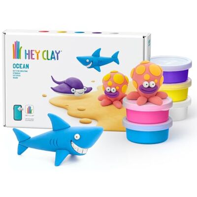 Hey Clay Ocean: Haj, bläckfisk, stingrock-set – färgglad modellering barn – lufttorka lerkit 6 burkar med roliga interaktiva instruktioner app Hey Clay Ocean: Haj, bläckfisk, stingrock-set – färgglad modellering barn – lufttorka lerkit 6 burkar med roliga interaktiva instruktioner app