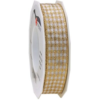 Morex Prasent 20 m 25 mm Vichy metalliskt trådbundet dekorativt vävt band, guld/vit Morex Prasent 20 m 25 mm Vichy metalliskt trådbundet dekorativt vävt band, guld/vit