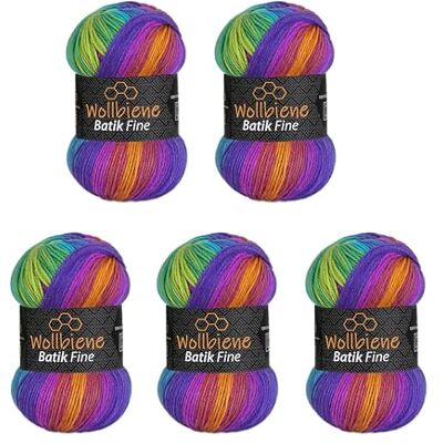 Wollbiene 5 x 100 g ullbi batik fin 500 gram ull med färggradient flerfärgad stickad ull virkull (1510 lila blå grön) Wollbiene 5 x 100 g ullbi batik fin 500 gram ull med färggradient flerfärgad stickad ull virkull (1510 lila blå grön)