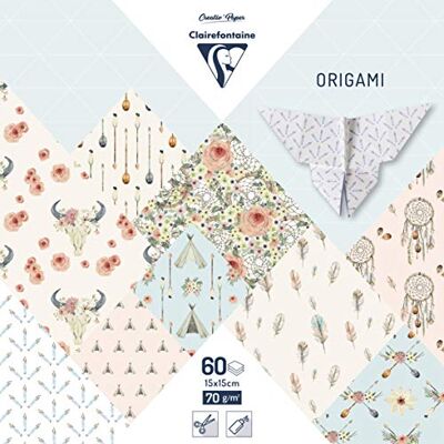 Clairefontaine – Ref 95348C – Origami-papper (paket med 60 ark) – 15 x 15 cm i storlek, 70 gsm papper, tryckt design på framsidan och vanliga baksidor – bohemiska eleganta mönster Clairefontaine – Ref 95348C – Origami-papper (paket med 60 ark) – 15 x 15 cm i storlek, 70 gsm papper, tryckt design på framsidan och vanliga baksidor – bohemiska eleganta mönster