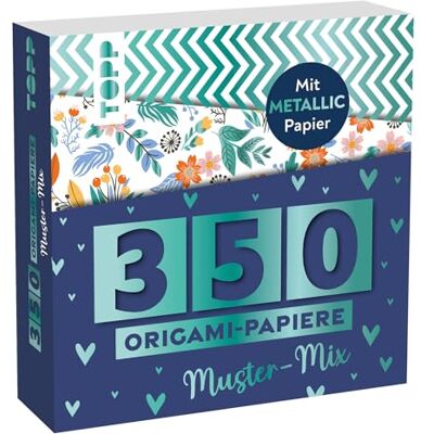 TOPP 350 Origami-Papiere Muster-Mix: 350 Falt-Papiere (14 x14 cm, 80 g/m²), in 25 Designs, davon 50 Papiere mit Metallic-Folie, 20 Seiten Origami-Grundkurs, Softcover TOPP 350 Origami-Papiere Muster-Mix: 350 Falt-Papiere (14 x14 cm, 80 g/m²), in 25 Designs, davon 50 Papiere mit Metallic-Folie, 20 Seiten Origami-Grundkurs, Softcover