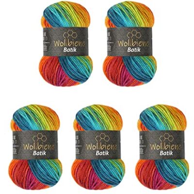 Wollbiene 5 x 100 g ullbi batik 500 gram ull med färggradient flerfärgad stickad ull virkull (2060 bär orange grön turkos) Wollbiene 5 x 100 g ullbi batik 500 gram ull med färggradient flerfärgad stickad ull virkull (2060 bär orange grön turkos)