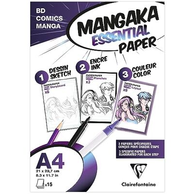 Clairefontaine 94050C Mangaka Essential Paper Pouch 15 ark 3 diverse mangapapper A4 perfekt för att upptäcka Manga-ritningen Clairefontaine 94050C Mangaka Essential Paper Pouch 15 ark 3 diverse mangapapper A4 perfekt för att upptäcka Manga-ritningen
