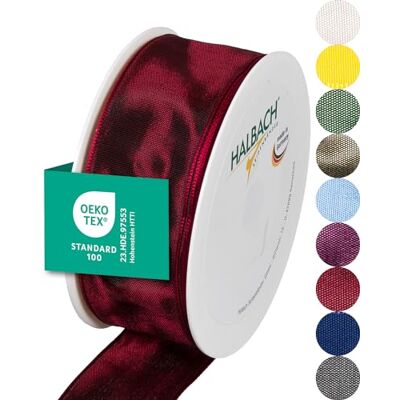 Halbach sidenband premium presentband med trådkant bredd 40 mm längd 25 m Öko-Tex 100 certifierat band Taftband Made in Germany, färg: mörkröd Halbach sidenband premium presentband med trådkant bredd 40 mm längd 25 m Öko-Tex 100 certifierat band Taftband Made in Germany, färg: mörkröd