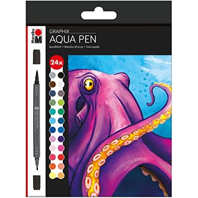 Marabu 014500000106 – Aqua Pen Graphix, Octopy, 24 akvarellfiltpennor i en uppsättning med lysande färg, vattenbaserat bläck, dubbel spets, kan akvarelleras på akvarellpapper Marabu 014500000106 – Aqua Pen Graphix, Octopy, 24 akvarellfiltpennor i en uppsättning med lysande färg, vattenbaserat bläck, dubbel spets, kan akvarelleras på akvarellpapper