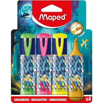 Maped Påse med 4 drakmarkörer avfasad spets grön, gul, rosa, guldglitterpenna högkvalitativ markering Maped Påse med 4 drakmarkörer avfasad spets grön, gul, rosa, guldglitterpenna högkvalitativ markering