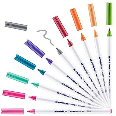 edding 4600 textilmarker – set med 10 färger – 10 penna – rund spets 1 mm – permanenta tygmarkers för att rita på textilier, tål maskintvätt i upp till 60 °C – märkpennor för text på tyg edding 4600 textilmarker – set med 10 färger – 10 penna – rund spets 1 mm – permanenta tygmarkers för att rita på textilier, tål maskintvätt i upp till 60 °C – märkpennor för text på tyg