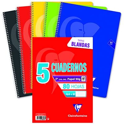 Clairefontaine 696053C Pack 5 Anteckningsböcker, fyrkantig + marginal (4x4 + M), premiumlock, 80 ark Sortiment av levande färger Clairefontaine 696053C Pack 5 Anteckningsböcker, fyrkantig + marginal (4x4 + M), premiumlock, 80 ark Sortiment av levande färger