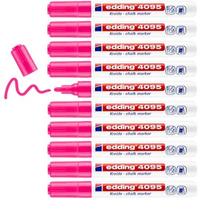 edding 4095 kritmarkör – neonrosa – 10 kritpennor – rund spets 2–3 mm – kritpenna för tavla kan torkas av – för märkning av fönster, glas, spegel – bordspenna med ogenomskinliga färger edding 4095 kritmarkör – neonrosa – 10 kritpennor – rund spets 2–3 mm – kritpenna för tavla kan torkas av – för märkning av fönster, glas, spegel – bordspenna med ogenomskinliga färger