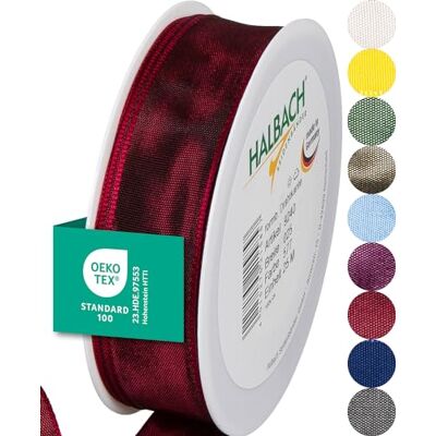 Halbach sidenband premium presentband med trådkant bredd 25 mm längd 25 m Öko-Tex 100 certifierat band Taftband Made in Germany, färg: mörkröd Halbach sidenband premium presentband med trådkant bredd 25 mm längd 25 m Öko-Tex 100 certifierat band Taftband Made in Germany, färg: mörkröd