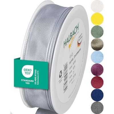 Halbach sidenband premium presentband med trådkant bredd 25 mm längd 25 m Öko-Tex 100 certifierat band Taftband Made in Germany, färg: ljusgrå Halbach sidenband premium presentband med trådkant bredd 25 mm längd 25 m Öko-Tex 100 certifierat band Taftband Made in Germany, färg: ljusgrå