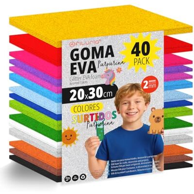 OFITURIA Set med 40 ark Eva-gummi, blandade färger, storlek 20 x 30 cm, 15 olika färger, perfekt för gör-det-själv, skola, kreativt hantverk, hobby och konst (glitter) OFITURIA Set med 40 ark Eva-gummi, blandade färger, storlek 20 x 30 cm, 15 olika färger, perfekt för gör-det-själv, skola, kreativt hantverk, hobby och konst (glitter)