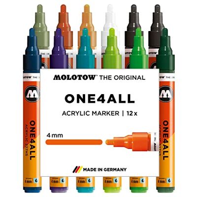 Molotow One4All 227HS akrylmärkpenna, huvudkit 2 (4,0 mm linjetjocklek, hög täckning och permanent, UV-beständig, för nästan alla ytor) 12 stycken sorterade Molotow One4All 227HS akrylmärkpenna, huvudkit 2 (4,0 mm linjetjocklek, hög täckning och permanent, UV-beständig, för nästan alla ytor) 12 stycken sorterade
