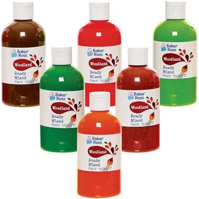 Baker Ross FN243 Woodland Ready Mixed Poster Paint Pack 150ml Låda med 6, Färg Värdeförpackning med flaskor, Färg för barn Baker Ross FN243 Woodland Ready Mixed Poster Paint Pack 150ml Låda med 6, Färg Värdeförpackning med flaskor, Färg för barn