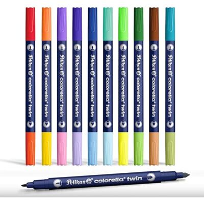 Pelikan Colorella Twin Fibre-tipppennor, paket med 10 dubbelfärgspennor med dubbla spetsar, 20 färger, tvättbart vattenbaserat bläck Pelikan Colorella Twin Fibre-tipppennor, paket med 10 dubbelfärgspennor med dubbla spetsar, 20 färger, tvättbart vattenbaserat bläck