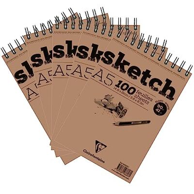 Clairefontaine 96606C Bloc Spiralé en-tête Papier Sketch 100 Feuilles Papier Dessin Blanc au Grain Très Léger Feuilles Détachables A5 14,8x21 cm 90g Förpackning med 5 block Clairefontaine 96606C Bloc Spiralé en-tête Papier Sketch 100 Feuilles Papier Dessin Blanc au Grain Très Léger Feuilles Détachables A5 14,8x21 cm 90g Förpackning med 5 block