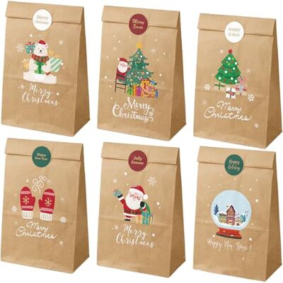 DOHE Julpresentpåsar (12 st.) brunt kraftpapper, 12 klistermärken för stängning, liten storlek 12 x 22 cm, 6 mönster, påfyllningsbara för fester, födelsedagar, godis, godis, godis DOHE Julpresentpåsar (12 st.) brunt kraftpapper, 12 klistermärken för stängning, liten storlek 12 x 22 cm, 6 mönster, påfyllningsbara för fester, födelsedagar, godis, godis, godis