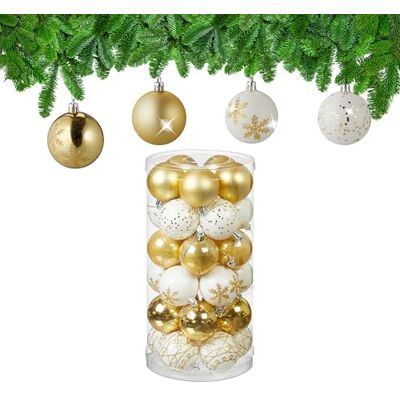 Relaxdays Julkule set om 30, plast, D: 6 cm, rund julgransdekoration, bruchsäker julgransdekoration, guld/vit Relaxdays Julkule set om 30, plast, D: 6 cm, rund julgransdekoration, bruchsäker julgransdekoration, guld/vit