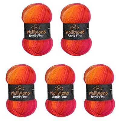 Wollbiene 5 x 100 g ullbi batik fin 500 gram ull med färggradient flerfärgad stickad ull virkull (1410 röd orange) Wollbiene 5 x 100 g ullbi batik fin 500 gram ull med färggradient flerfärgad stickad ull virkull (1410 röd orange)