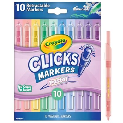CRAYOLA Clicks 10 infällbara pennor pastell, 6+ Hejdå borttappade kapsyler, för alltid, 10 mjuka pastellnyanser, Konisk spets, Perfekta på resande fot, Från 6 år CRAYOLA Clicks 10 infällbara pennor pastell, 6+ Hejdå borttappade kapsyler, för alltid, 10 mjuka pastellnyanser, Konisk spets, Perfekta på resande fot, Från 6 år