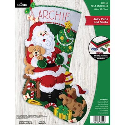 Bucilla Filt Applique 45,72 cm Strumpa Making Kit, Jolly Pups Santa, perfekt för gör-det-själv konst och hantverk, 89556E Bucilla Filt Applique 45,72 cm Strumpa Making Kit, Jolly Pups Santa, perfekt för gör-det-själv konst och hantverk, 89556E