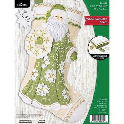 Bucilla , White Poinsettia Santa, Felt Applique 18" Stocking Making Kit, Perfect for DIY Arts and Crafts, 89602E Bucilla , White Poinsettia Santa, Felt Applique 18" Stocking Making Kit, Perfect for DIY Arts and Crafts, 89602E