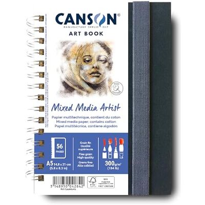 Canson professionell bok multitekniskt papper finkornig 300 g/m² Spiral anteckningsbok A5-14 -8 x 21 cm vit 28 ark C31200L005 Canson professionell bok multitekniskt papper finkornig 300 g/m² Spiral anteckningsbok A5-14 -8 x 21 cm vit 28 ark C31200L005