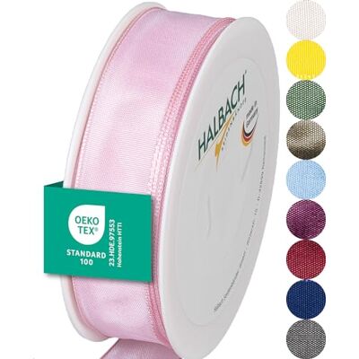 Halbach sidenband premium presentband med trådkant bredd 25 mm längd 25 m Öko-Tex 100 certifierat band Taftband Made in Germany, färg: ljusrosa Halbach sidenband premium presentband med trådkant bredd 25 mm längd 25 m Öko-Tex 100 certifierat band Taftband Made in Germany, färg: ljusrosa