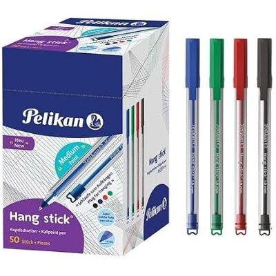 Pelikan Hang Stick kulspetspenna blå, svart, röd, grön, 50-pack, fin 0,7 mm spets, oljebaserat dokumentäkta bläck, ergonomiskt trekantshandtag, med klämma och ögla Pelikan Hang Stick kulspetspenna blå, svart, röd, grön, 50-pack, fin 0,7 mm spets, oljebaserat dokumentäkta bläck, ergonomiskt trekantshandtag, med klämma och ögla