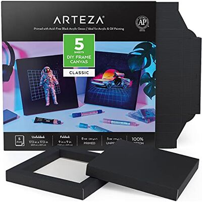 ARTEZA Gör-det-själv-ramdukar för målning, 5 ark, 23 x 23 cm – vikt, 100% bomull, 236 ml grundad fyrkantig svart duk, konsttillbehör för akryl, olja, temperament och gouache-målning ARTEZA Gör-det-själv-ramdukar för målning, 5 ark, 23 x 23 cm – vikt, 100% bomull, 236 ml grundad fyrkantig svart duk, konsttillbehör för akryl, olja, temperament och gouache-målning