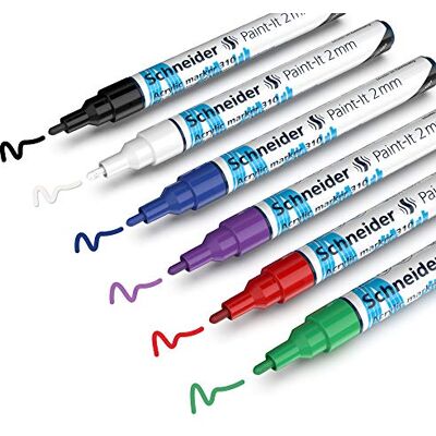 Schneider Paint-It Akrylpennor (set 1 med 2 mm rund spets, högtäckande akrylfärger för trä, duk, sten och mycket mer), 6 stycken, sorterade, 2 mm linjebredd Schneider Paint-It Akrylpennor (set 1 med 2 mm rund spets, högtäckande akrylfärger för trä, duk, sten och mycket mer), 6 stycken, sorterade, 2 mm linjebredd