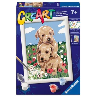 Ravensburger CreArt E-serien: Gosig Golden Retriever, måla efter siffror, barnmålningssatser, inklusive ram, pedagogiskt och kreativt spel, presentidé för barn 7+ år, 13 x 18 cm Ravensburger CreArt E-serien: Gosig Golden Retriever, måla efter siffror, barnmålningssatser, inklusive ram, pedagogiskt och kreativt spel, presentidé för barn 7+ år, 13 x 18 cm