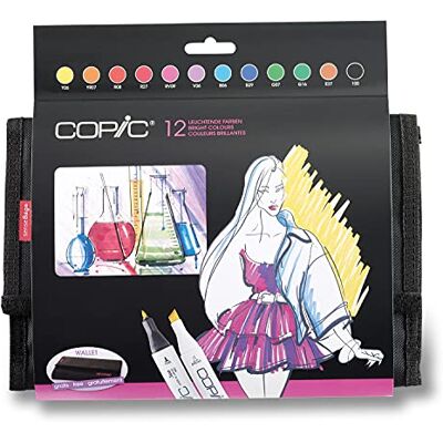 Copic Klassiska märkpennor set med 12 "ljusa färger" i plånboken, professionella alkoholbaserade layoutmärkpennor med en medelbred och en fin spets Copic Klassiska märkpennor set med 12 "ljusa färger" i plånboken, professionella alkoholbaserade layoutmärkpennor med en medelbred och en fin spets