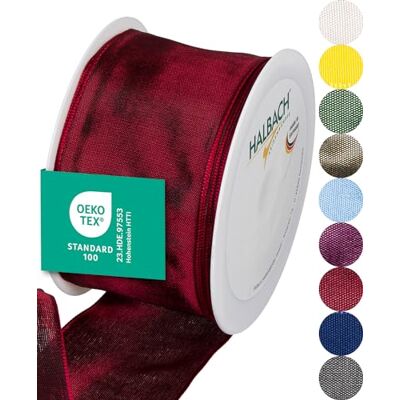 Halbach sidenband premium presentband med trådkant bredd 60 mm längd 25 m Öko-Tex 100 certifierat band Taftband Made in Germany, färg: mörkröd Halbach sidenband premium presentband med trådkant bredd 60 mm längd 25 m Öko-Tex 100 certifierat band Taftband Made in Germany, färg: mörkröd