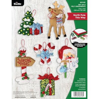 Bucilla , Felt Applique 6 Piece Ornament Making Kit, North Pole This Way, Perfect for DIY Arts and Crafts Bucilla , Felt Applique 6 Piece Ornament Making Kit, North Pole This Way, Perfect for DIY Arts and Crafts