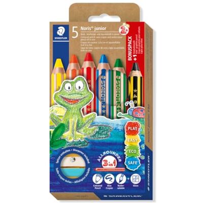 STAEDTLER Noris junior 3-i-1 färgglad, vaxmålning och akvarellpenna, extra okrossbar, perfekt för barn, för många ytor, kartongfodral med 6 Duo målpennor och pennvässare, 140 C6P1 STAEDTLER Noris junior 3-i-1 färgglad, vaxmålning och akvarellpenna, extra okrossbar, perfekt för barn, för många ytor, kartongfodral med 6 Duo målpennor och pennvässare, 140 C6P1