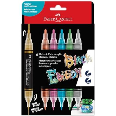 Faber-Castell 285517 Black Edition Shake & Paint Akrylmarkörer, Set med 6 Metallic-Färgade Markörer, Dubbelspets 3mm & 1mm, Vattentäta, Multi-Yta Akrylmarkörer för Vuxna, Levande långvarig färg Faber-Castell 285517 Black Edition Shake & Paint Akrylmarkörer, Set med 6 Metallic-Färgade Markörer, Dubbelspets 3mm & 1mm, Vattentäta, Multi-Yta Akrylmarkörer för Vuxna, Levande långvarig färg