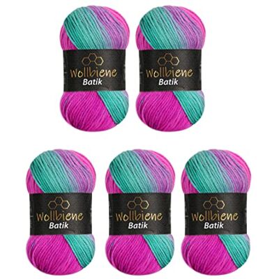 Wollbiene Batik001 Garn, 2040 Rosa Grön, 100 g x 5 stycken Wollbiene Batik001 Garn, 2040 Rosa Grön, 100 g x 5 stycken