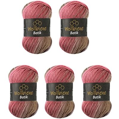 Wollbiene Batik001 Garn, 5050 Bruna Bär Rosa, 100 g x 5 stycken Wollbiene Batik001 Garn, 5050 Bruna Bär Rosa, 100 g x 5 stycken
