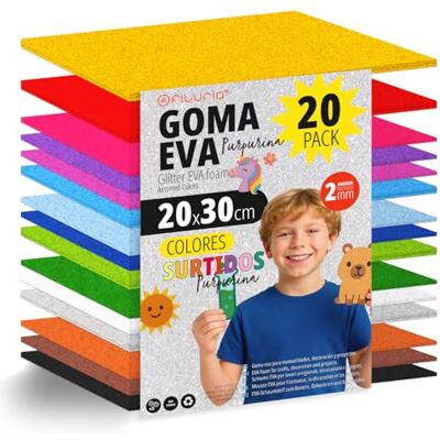 OFITURIA Set med 20 ark Eva-gummi, olika färger, storlek 20 x 30 cm, 15 olika färger, perfekt för gör-det-själv, skola, hantverk, hobby och konst (glitter) OFITURIA Set med 20 ark Eva-gummi, olika färger, storlek 20 x 30 cm, 15 olika färger, perfekt för gör-det-själv, skola, hantverk, hobby och konst (glitter)