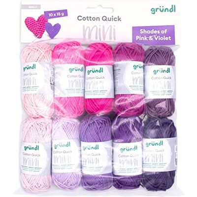 Gründl Ull Cotton Quick Mini Shades of Pink and Violet Set för stickning och virkning 10 x 15 g, 100% bomull, 15 g/37 m, rosa och lila Gründl Ull Cotton Quick Mini Shades of Pink and Violet Set för stickning och virkning 10 x 15 g, 100% bomull, 15 g/37 m, rosa och lila