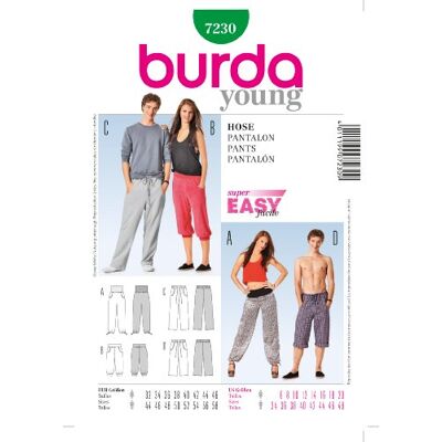 burdastyle Burda Young mönster #7230 unisex byxor storlek D 32–46 & H 44–58 synivå 1 (superlätt) burdastyle Burda Young mönster #7230 unisex byxor storlek D 32–46 & H 44–58 synivå 1 (superlätt)