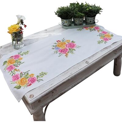 Trimits Tryckt korsstygnskit bordslöpare ingår, tryckt tyg, trådar, nål och instruktioner, 40 x 100 cm, blommig bukett Trimits Tryckt korsstygnskit bordslöpare ingår, tryckt tyg, trådar, nål och instruktioner, 40 x 100 cm, blommig bukett