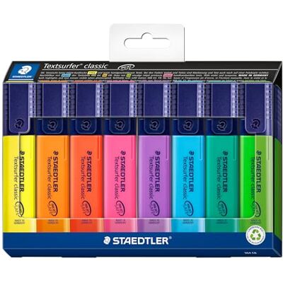 STAEDTLER Textsurfer Classic 364 Markörer – 8-pack, sorterade Kilspets 1–5 mm, INK·JET SAFE – 97% återvunnen plast, påfyllningsbar – Art.-Nr. 364 C8 STAEDTLER Textsurfer Classic 364 Markörer – 8-pack, sorterade Kilspets 1–5 mm, INK·JET SAFE – 97% återvunnen plast, påfyllningsbar – Art.-Nr. 364 C8