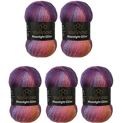 Wollbiene MoonGlitter Garn, 5600 Lila Orange, 100 g x 5 stycken Wollbiene MoonGlitter Garn, 5600 Lila Orange, 100 g x 5 stycken
