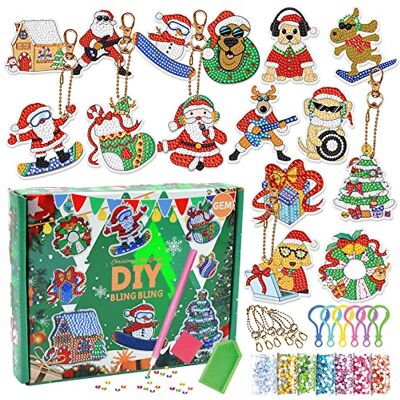 Vecibel 15 stycken diamantmålning, julhänge, 5D, jultomte, barn, tomtesats, gör-det-själv, dubbelsidig nyckelring för presentidé, SDZSH22101911, 20,2 x 15,8 x 4 cm Vecibel 15 stycken diamantmålning, julhänge, 5D, jultomte, barn, tomtesats, gör-det-själv, dubbelsidig nyckelring för presentidé, SDZSH22101911, 20,2 x 15,8 x 4 cm