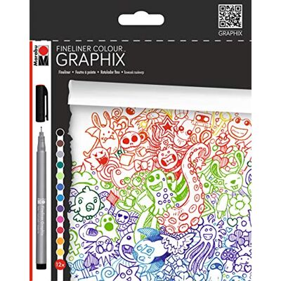 Marabu 014600000100 – Fineliner Graphix, Set Doodle Supreme, 12 lysande färger, linjetjocklek ca 0,5 mm, vattenbaserat pigmentbläck, metallinfattad plastspets Marabu 014600000100 – Fineliner Graphix, Set Doodle Supreme, 12 lysande färger, linjetjocklek ca 0,5 mm, vattenbaserat pigmentbläck, metallinfattad plastspets