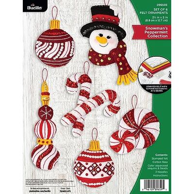 Bucilla , Snowman's Peppermint Collection, Felt Applique 6 Piece Ornament Making Kit, Perfect for DIY Arts and Crafts, 89659E, Small Bucilla , Snowman's Peppermint Collection, Felt Applique 6 Piece Ornament Making Kit, Perfect for DIY Arts and Crafts, 89659E, Small