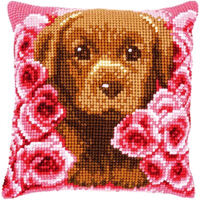 Vervaco Kudde med korsstygn valp mellan, valp mellan rosor, ca. 40 x 40 cm/16 tum x 16 tum Vervaco Kudde med korsstygn valp mellan, valp mellan rosor, ca. 40 x 40 cm/16 tum x 16 tum