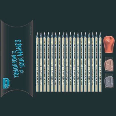 Maped Set med 18 grafitpennor i marin trä + 2 Precision Wood suddgummi + 1 Bulbo pennvässare grön förpackning blå/grön Maped Set med 18 grafitpennor i marin trä + 2 Precision Wood suddgummi + 1 Bulbo pennvässare grön förpackning blå/grön